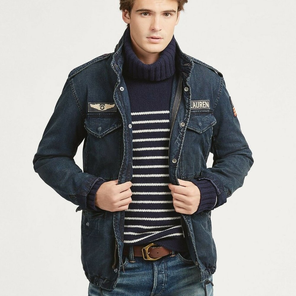 Polo Ralph Lauren Mens Denim Hooded Military Field Patch Jacket